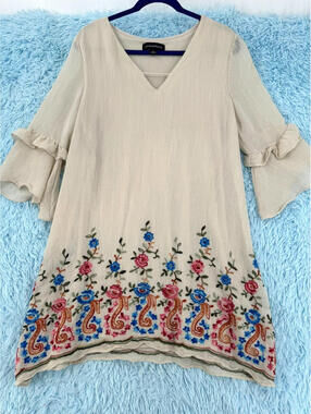 Jonathan Martin Dress Boho Floral Embroidered Tunic Ruffled Sleeves - Size Large